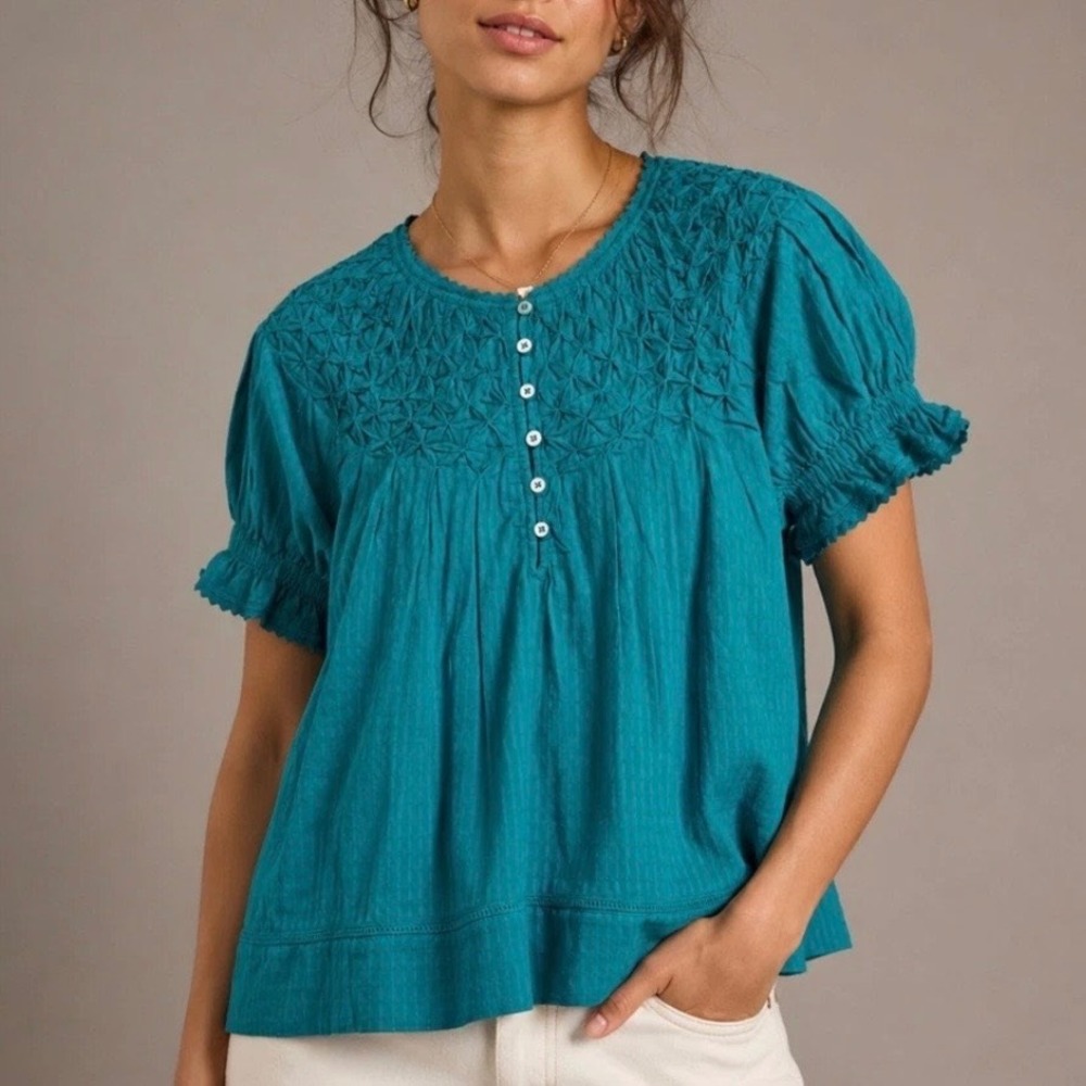NWT Sundance Teal Blue Lodi Cotton Smocked Puff Sleeve Popover Top SZ L Boho